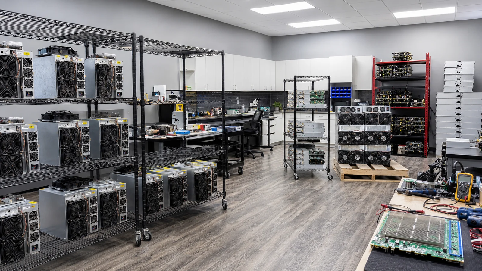 ASIC miner repair lab with mining hardware, hashboards, and diagnostic equipment
