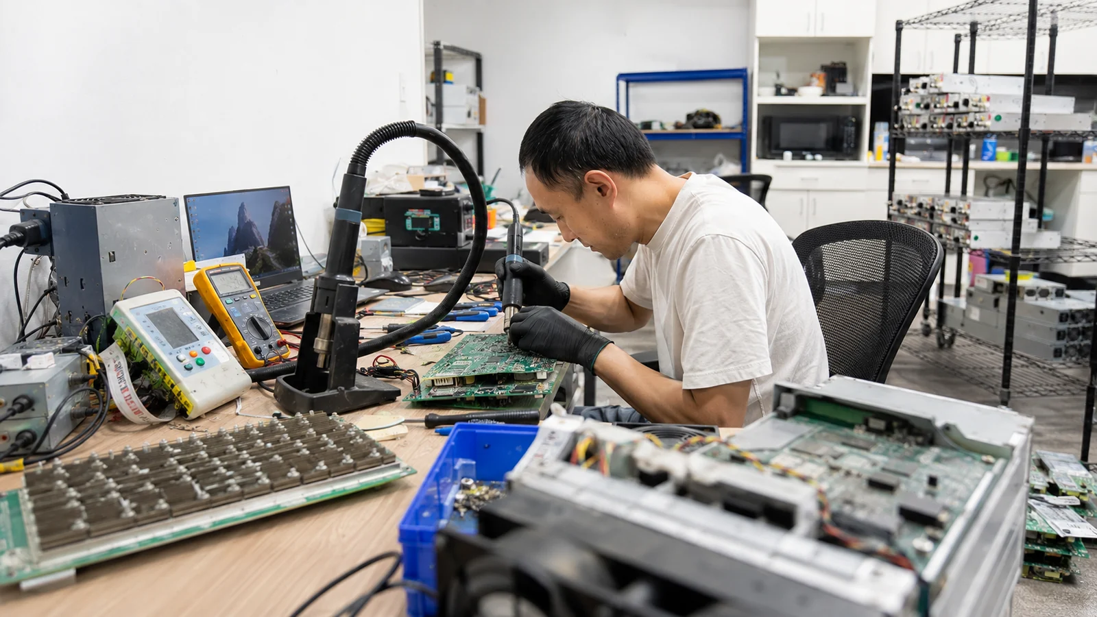 Technician performing chip-level ASIC hashboard repair at electronics workbench