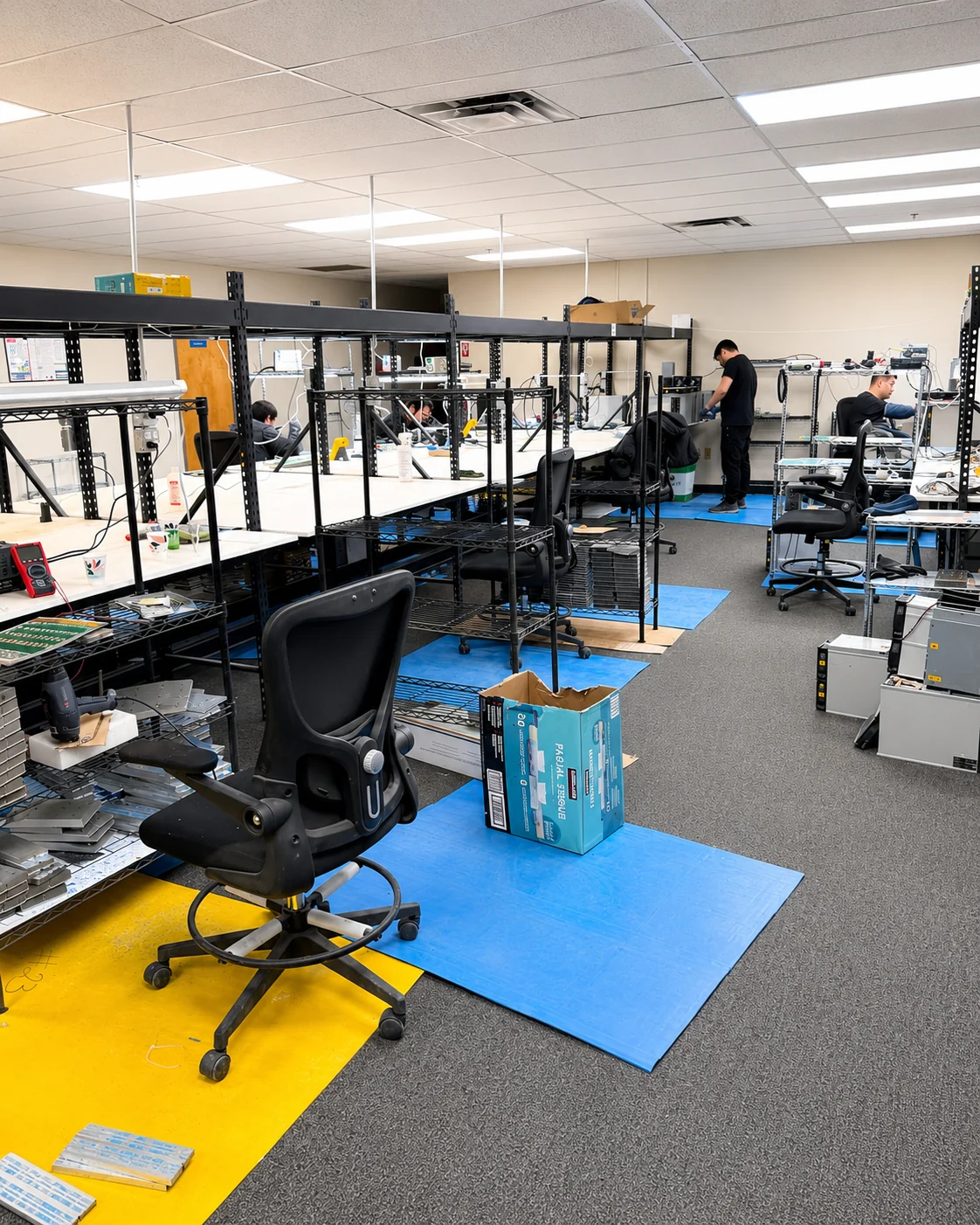 ASIC miner repair lab with technician workstations and diagnostic benches