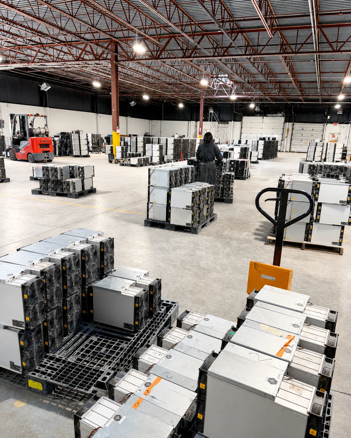 Commercial mining repair facility with ASIC miners staged for batch service